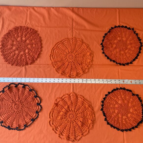 NEW 6 handmade 11" orange, black doilies & fabric Fall farm porch pumpkin crafts - Picture 1 of 14